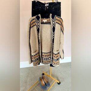 Lucky Brand Hooded Cardigan with Navy & Mustard Aztec Southwestern Pattern
